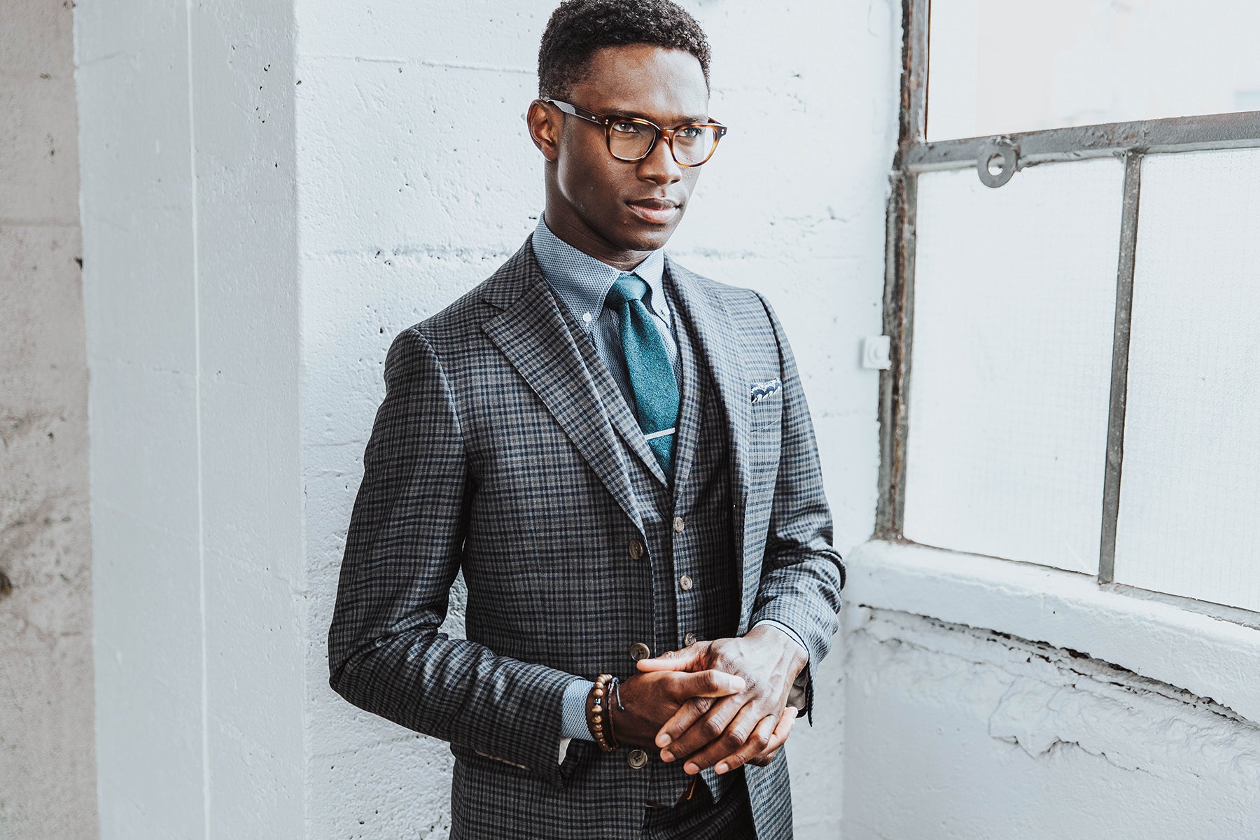 Warm grey check suit from INDOCHINO